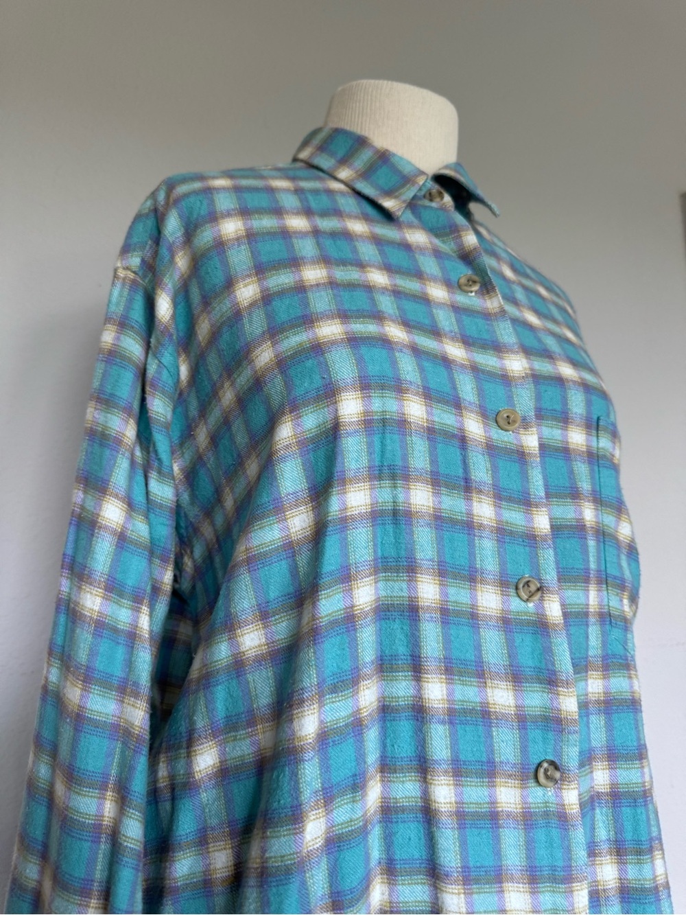 Vintage Honors Plus Size Plaid Flannel Shirt 1X 18W/20W Blue Green Cotton